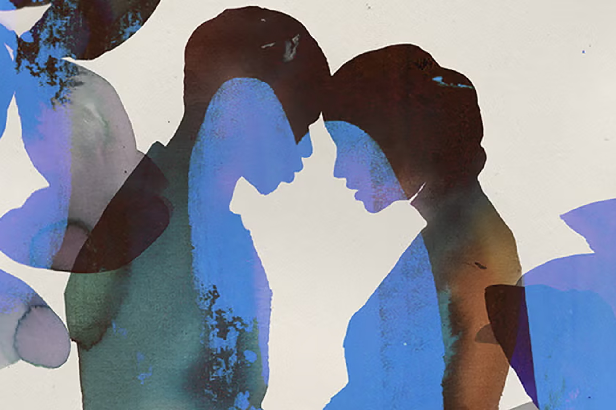 An abstract, watercolor-style depiction of two people facing each other closely, with their foreheads touching.