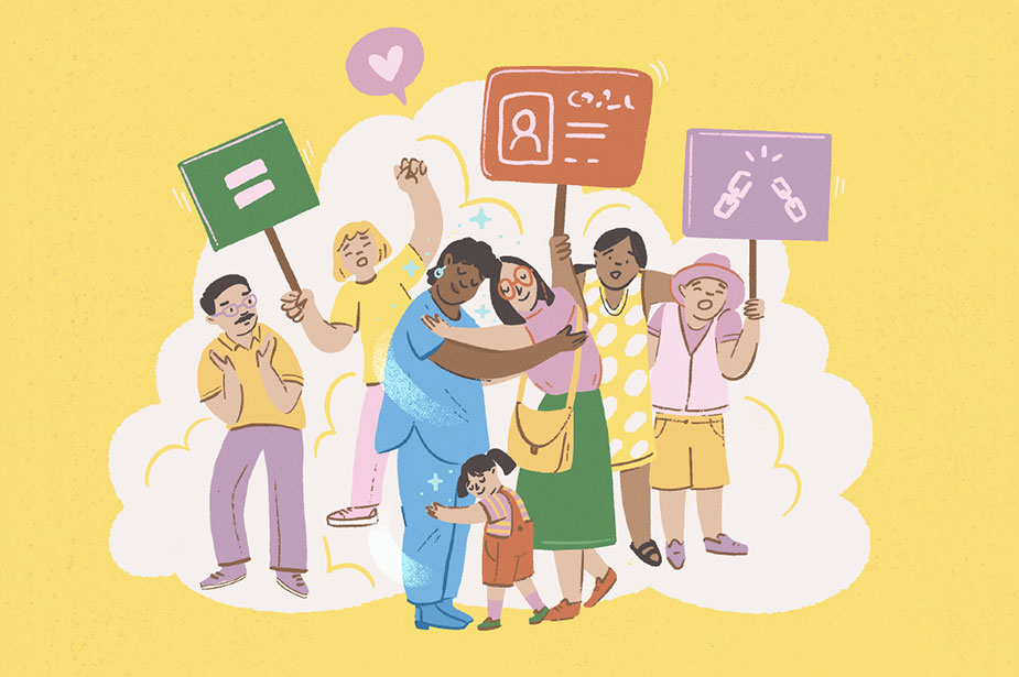 illustration of people holding placards and hugging