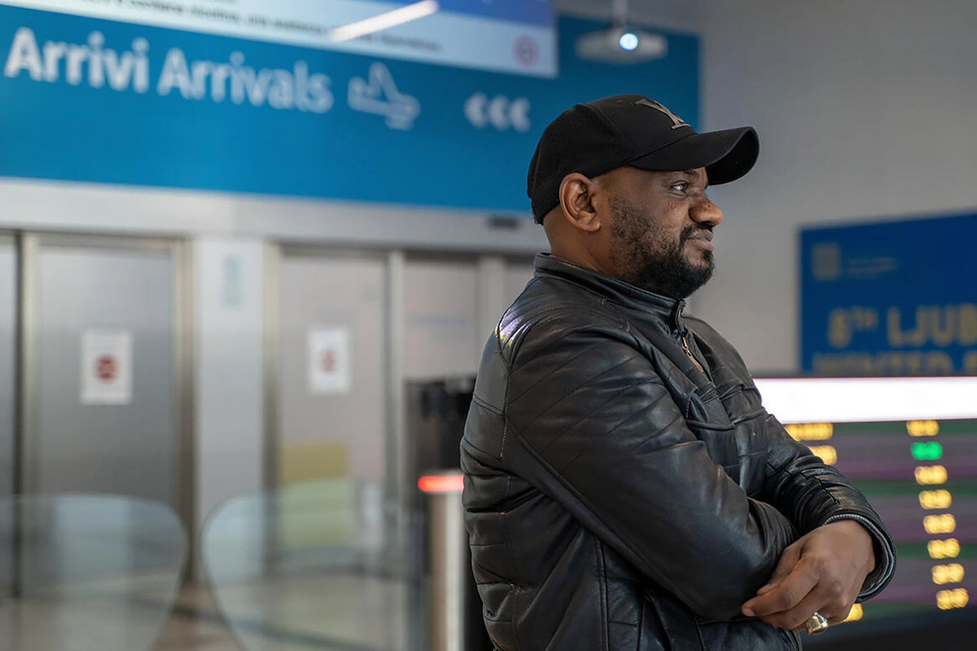 A refugee from South Sudan, arrives at Trieste airport to take up a job in Italy’s shipbuilding sector.