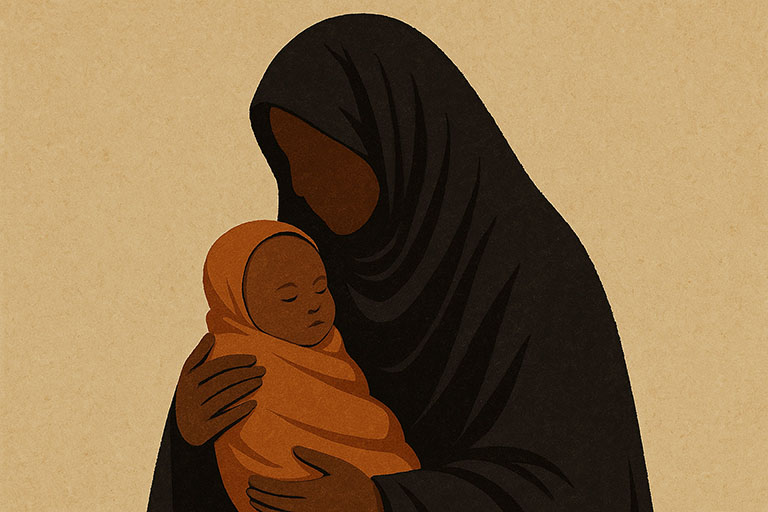 illustration of woman in headscarf holding baby
