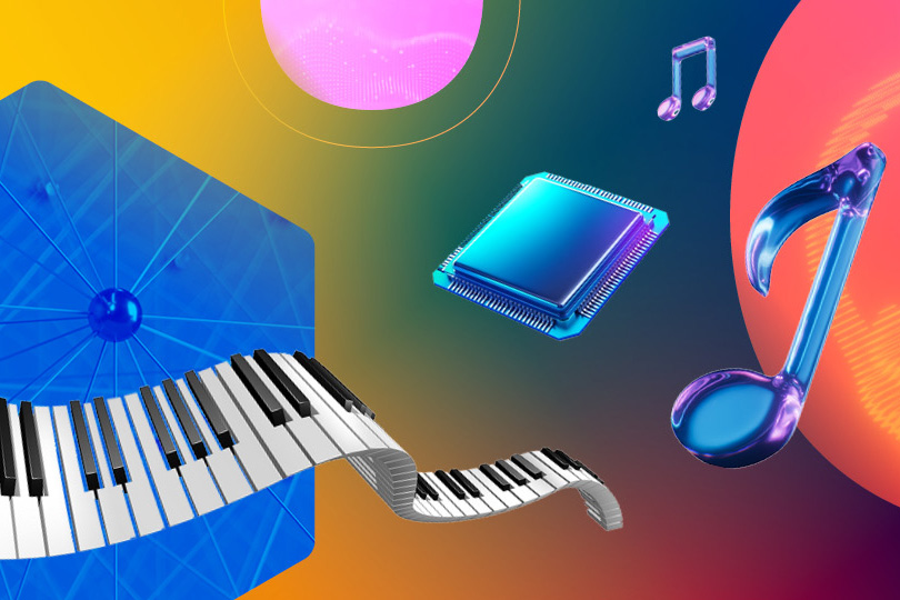An illustration of musical notes and a piano keyboard. 