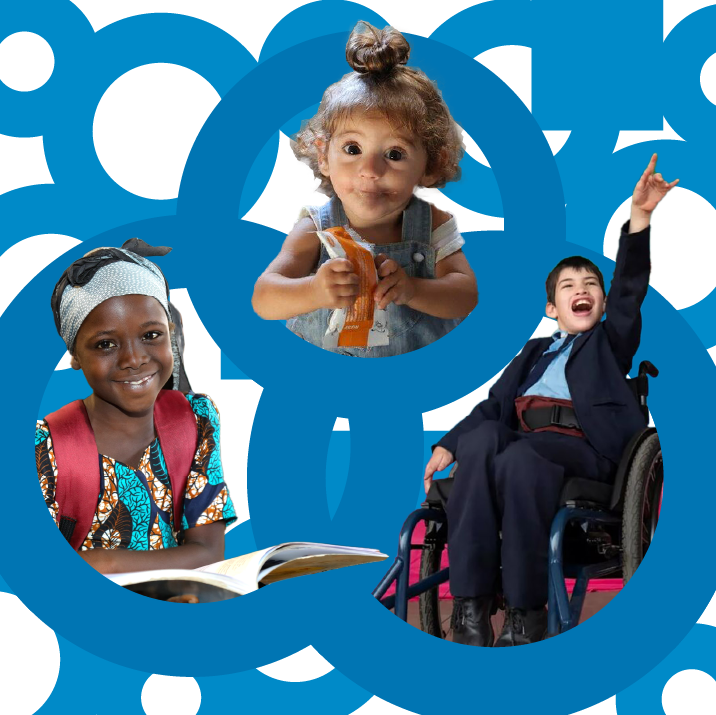 collage of 3 photos: one child at school, one child eating a nutrition bar, one child in a wheelchair raising his arm with a happy sign