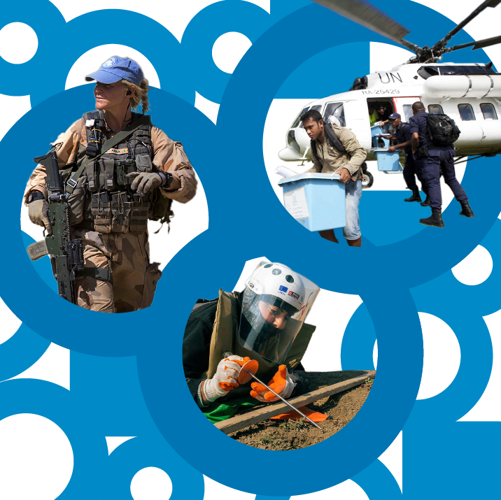 UN staff at work in the field: one deactivating mines, one carrying supplies from a helicopter, one patrolling the streets