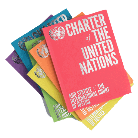 a stack of colorful UN charter books